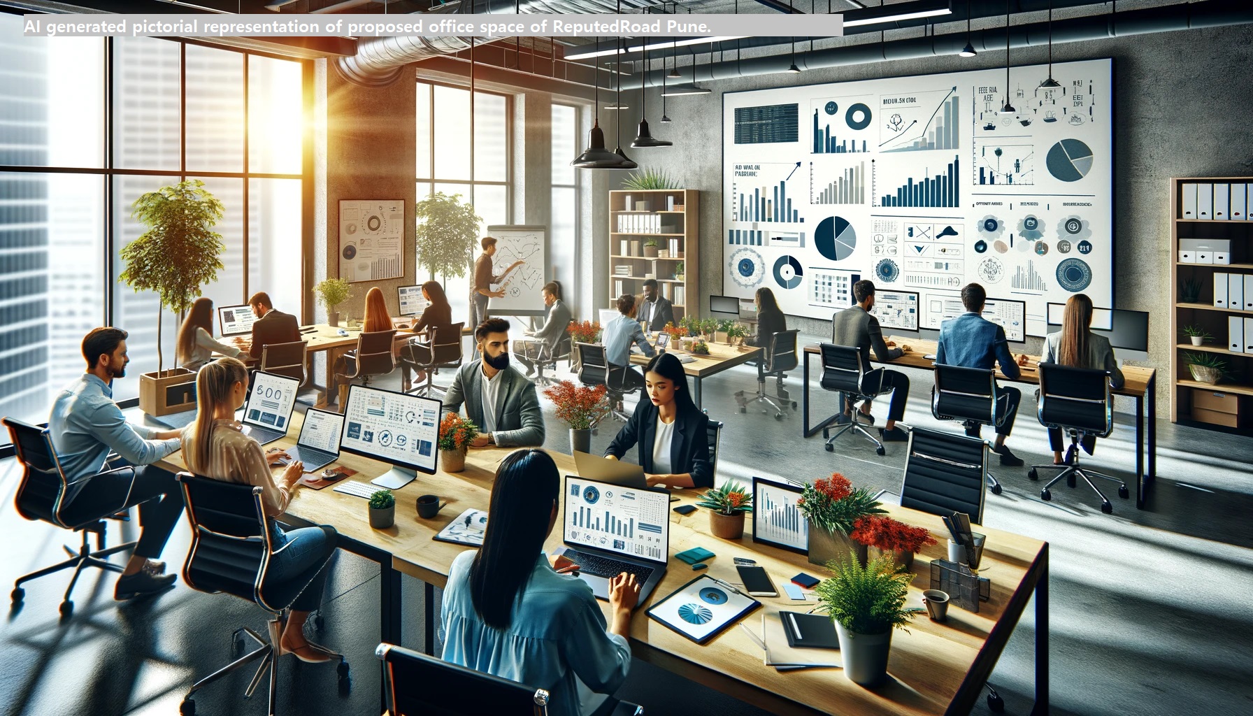 Pictorial representation of - A professional team of diverse individuals working collaboratively in a modern, well-lit office. The scene includes desks with laptops displaying grap